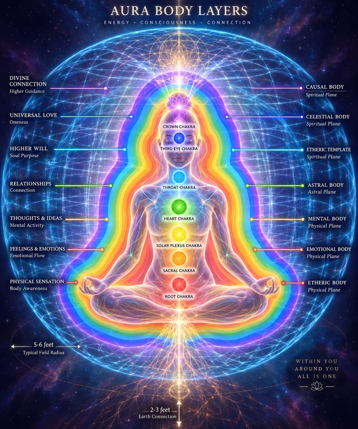 Aura Body Layers: seven points of light on a central column, held inside layered aura rings. My own illustration.
