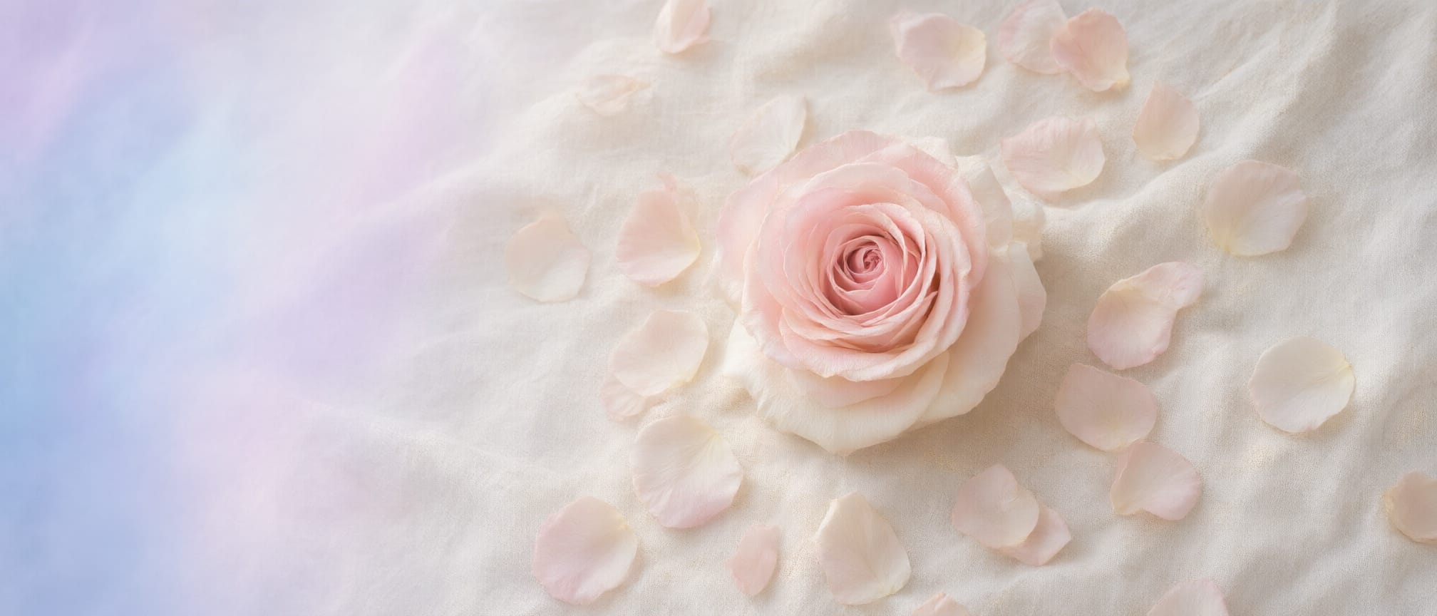 A blush rose and scattered petals on cream linen, drifting into pale light