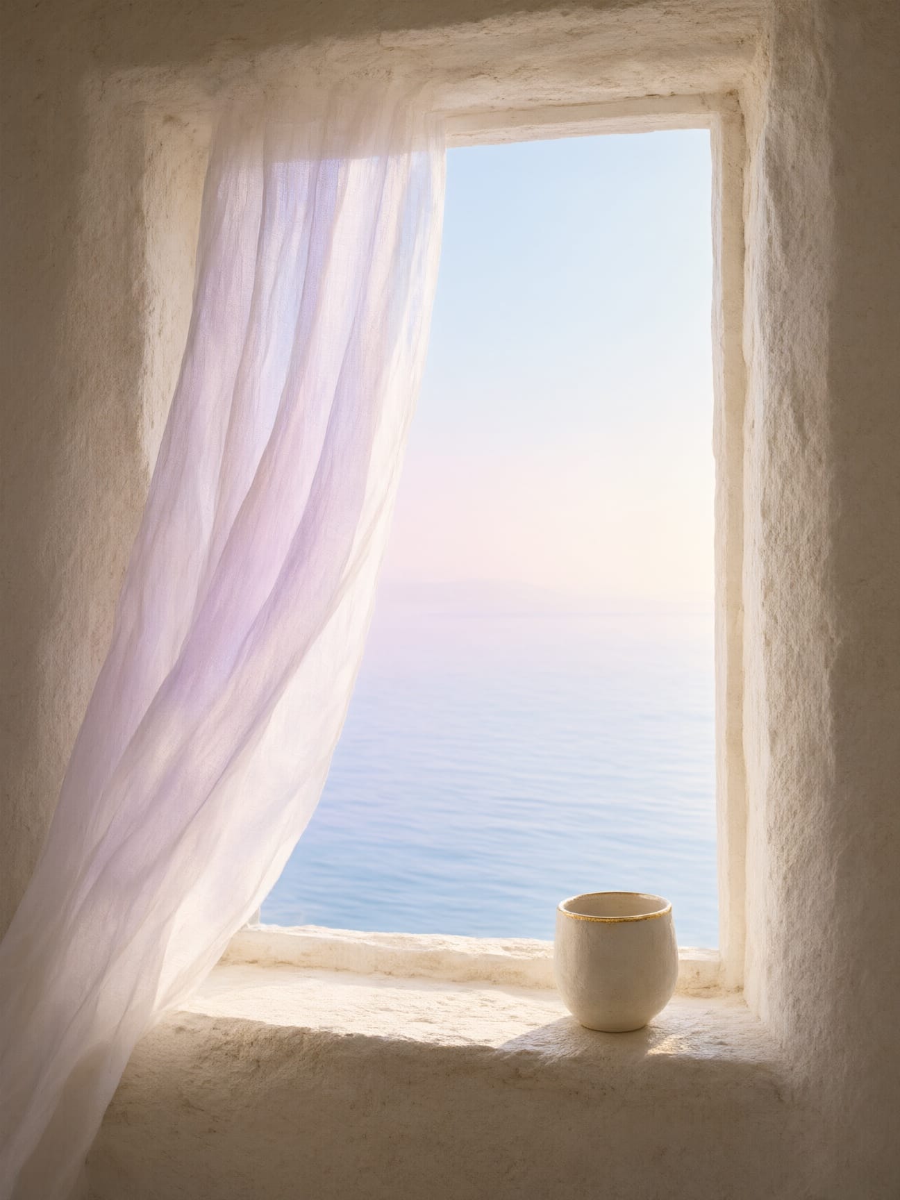 An open window in a white stone wall, a linen curtain lifting in the sea breeze
