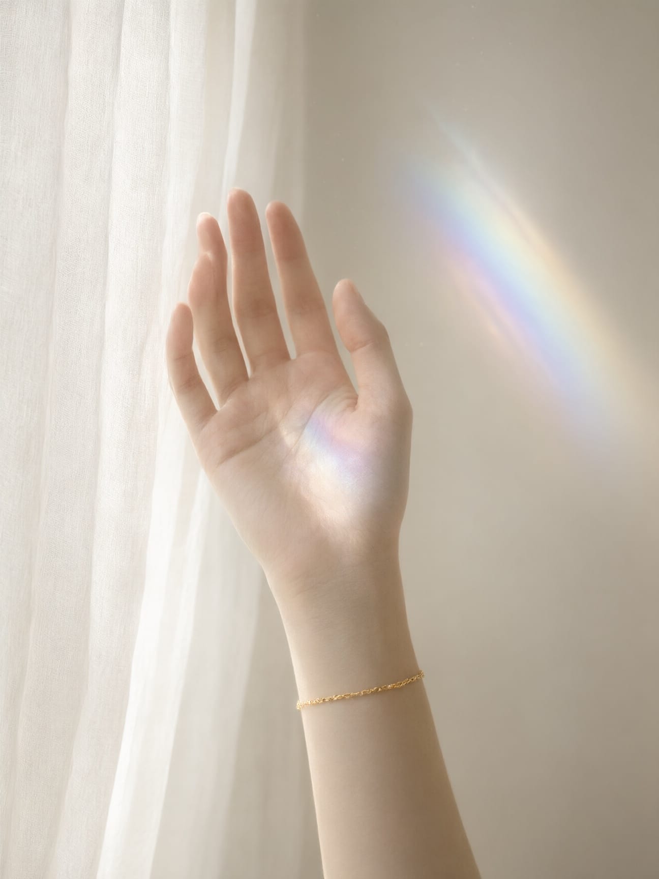 An open hand in morning light, a faint rainbow resting on the palm